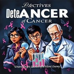 A captivating book cover illustrating a group of detectives investigating the mysteries of cancer research