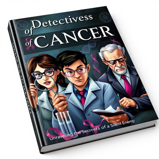 A captivating book cover illustrating a group of detectives investigating the mysteries of cancer research