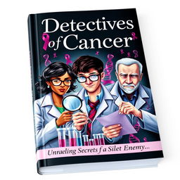 A captivating book cover illustrating a group of detectives investigating the mysteries of cancer research