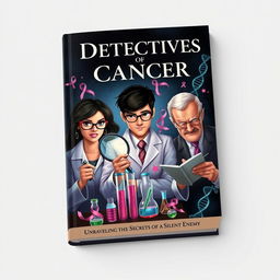 A captivating book cover illustrating a group of detectives investigating the mysteries of cancer research