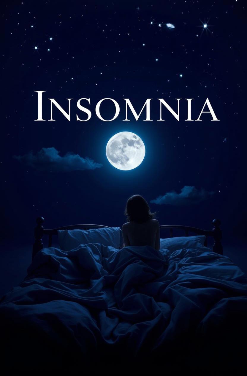 A book cover design featuring the word 'INSOMNIA' prominently displayed in a large, bold font at the center