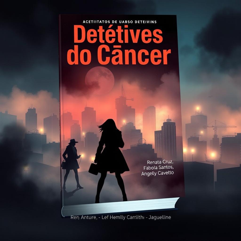 Uma capa de livro intrigante sobre detetives do câncer, apresentando um ambiente urbano e misterioso, com silhuetas de detetives em ação investigativa