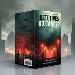 Uma capa de livro intrigante sobre detetives do câncer, apresentando um ambiente urbano e misterioso, com silhuetas de detetives em ação investigativa