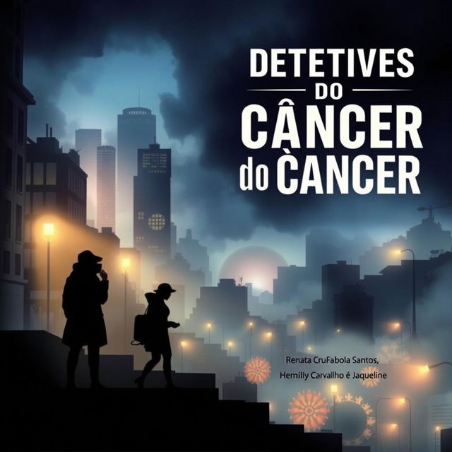 Uma capa de livro intrigante sobre detetives do câncer, apresentando um ambiente urbano e misterioso, com silhuetas de detetives em ação investigativa