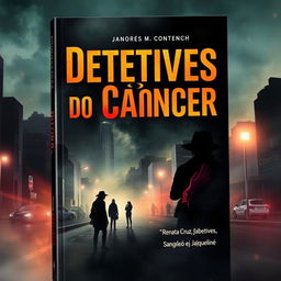 Uma capa de livro intrigante sobre detetives do câncer, apresentando um ambiente urbano e misterioso, com silhuetas de detetives em ação investigativa