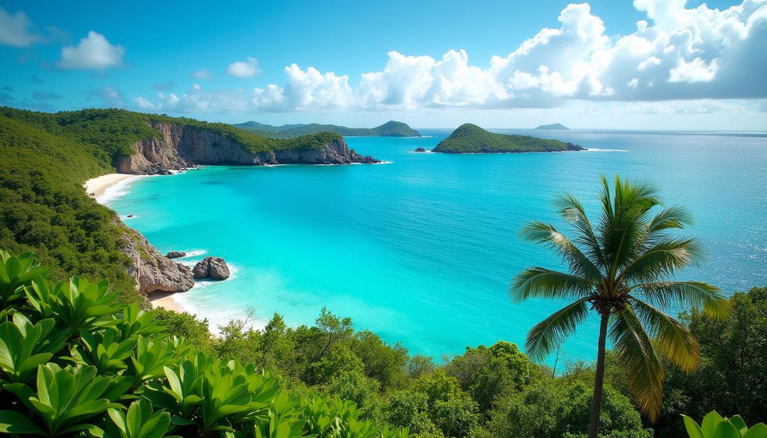 A breathtaking landscape of Nauru featuring vivid turquoise waters, lush greenery, and dramatic rocky cliffs