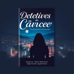 Capa de livro intrigante e moderna sobre detetives do câncer, incorporando elementos que incluem uma silhueta de detetive observando uma cidade à noite com sombras de hospitais em segundo plano