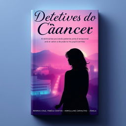 Capa de livro intrigante e moderna sobre detetives do câncer, incorporando elementos que incluem uma silhueta de detetive observando uma cidade à noite com sombras de hospitais em segundo plano