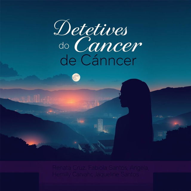 Capa de livro intrigante e moderna sobre detetives do câncer, incorporando elementos que incluem uma silhueta de detetive observando uma cidade à noite com sombras de hospitais em segundo plano