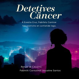 Capa de livro intrigante e moderna sobre detetives do câncer, incorporando elementos que incluem uma silhueta de detetive observando uma cidade à noite com sombras de hospitais em segundo plano