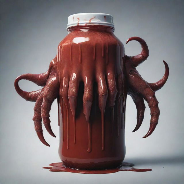 A deeply detailed illustration of monstrous claws gripping a dripping juice container.