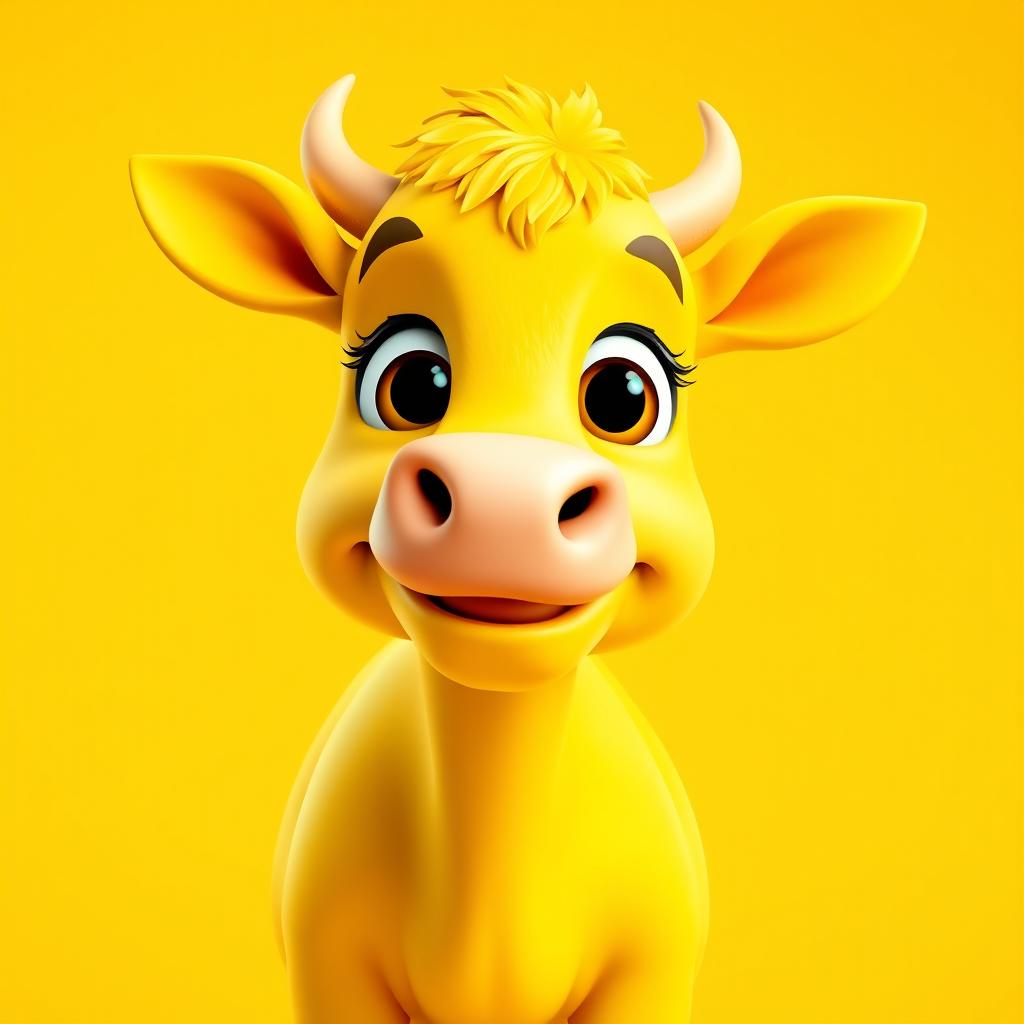 A vibrant 3D profile picture (PFP) of a strikingly bright yellow cow that instantly attracts and delights the viewer's gaze