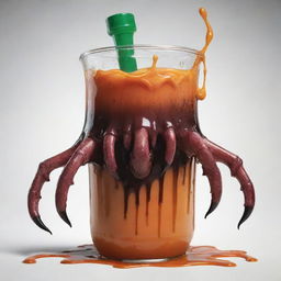 A deeply detailed illustration of monstrous claws gripping a dripping juice container.