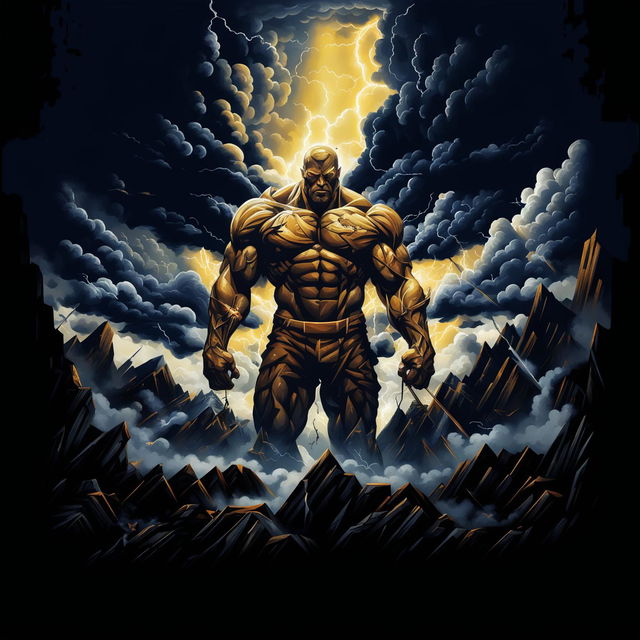 A digital art piece depicting a golden figure standing strong amidst a storm with a mountain range in the background. The figure symbolizes human spirit and will to power while the storm represents trials and tribulations. The highest peak bathed in sunlight signifies pinnacle of achievement.