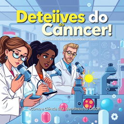 Capa de livro informativa sobre os detetives do câncer, apresentando uma ilustração de cientistas em um laboratório moderno, analisando células cancerígenas através de microscópios