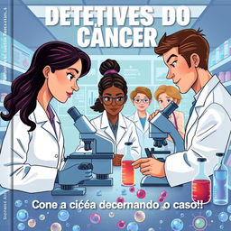 Capa de livro informativa sobre os detetives do câncer, apresentando uma ilustração de cientistas em um laboratório moderno, analisando células cancerígenas através de microscópios