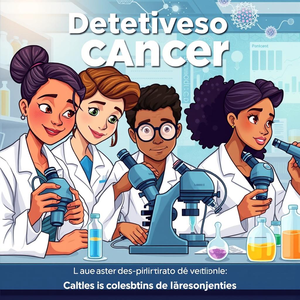 Capa de livro informativa sobre os detetives do câncer, apresentando uma ilustração de cientistas em um laboratório moderno, analisando células cancerígenas através de microscópios