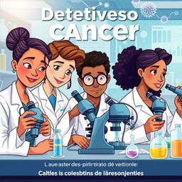 Capa de livro informativa sobre os detetives do câncer, apresentando uma ilustração de cientistas em um laboratório moderno, analisando células cancerígenas através de microscópios