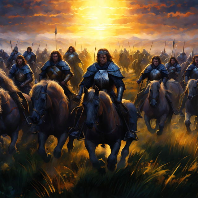 Digital art of Riders of Rohan from J.R.R. Tolkien's Middle-earth at sunrise, poised for a charge on a vast plain. The rising sun casts long shadows and bathes the landscape in a warm glow.