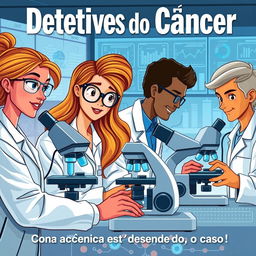 Capa de livro informativa sobre os detetives do câncer, apresentando uma ilustração de cientistas em um laboratório moderno, analisando células cancerígenas através de microscópios