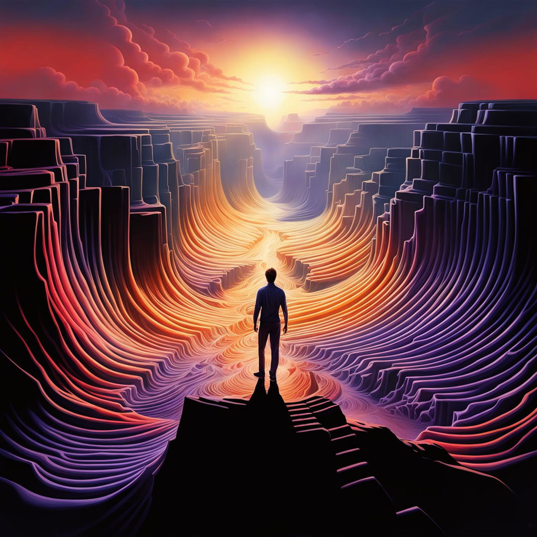 A surreal digital art piece showing a figure standing at the edge of a canyon, shouting into the void. The echo forms visible sound waves that transform into scenes of the figure's life achievements.