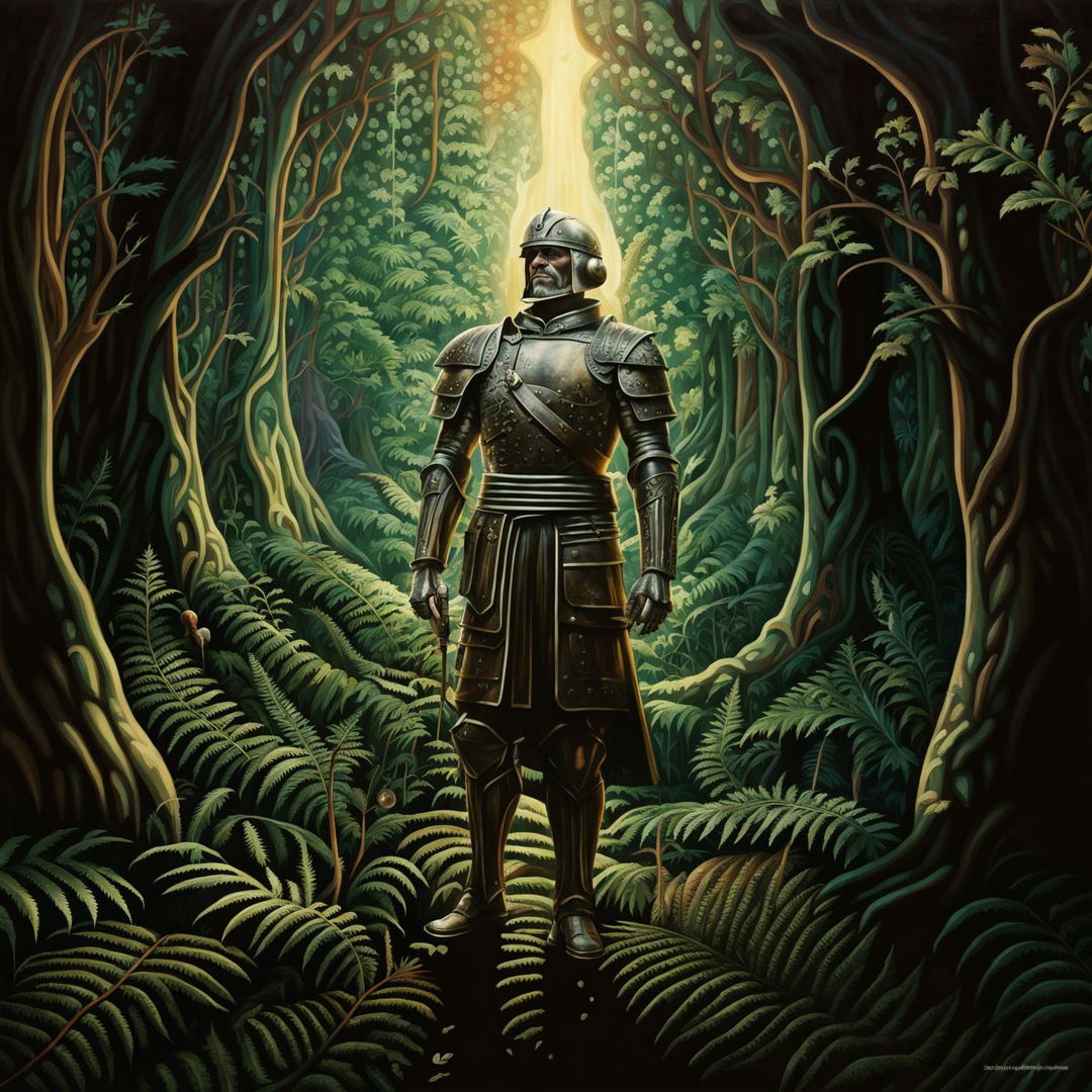 A medieval general standing in a dense forest, his actions represented as echoes forming visible sound waves that transform into scenes of his life achievements.