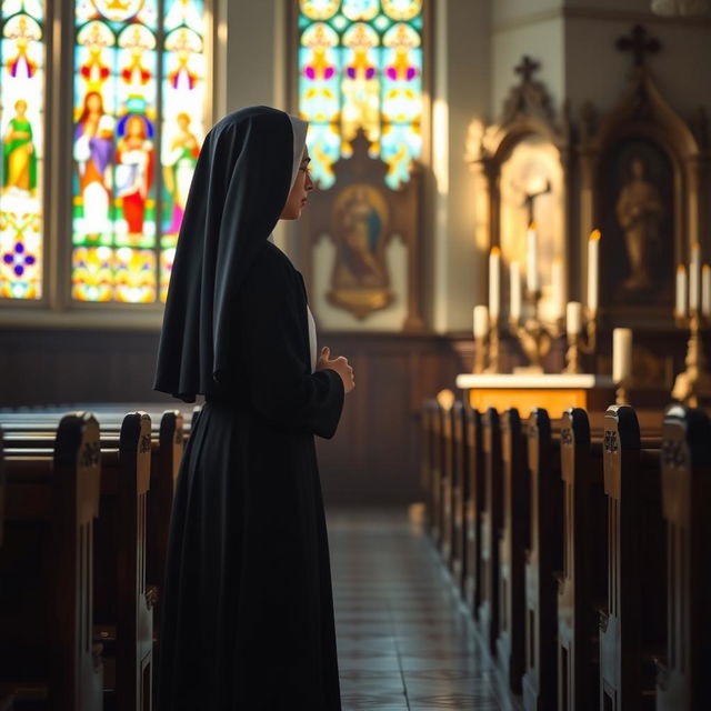 A serene and reflective scene depicting a nun in traditional attire, standing gracefully in a sunlit chapel