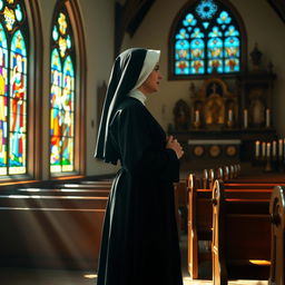 A serene and reflective scene depicting a nun in traditional attire, standing gracefully in a sunlit chapel