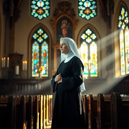 A serene and reflective scene depicting a nun in traditional attire, standing gracefully in a sunlit chapel