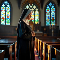 A serene and reflective scene depicting a nun in traditional attire, standing gracefully in a sunlit chapel