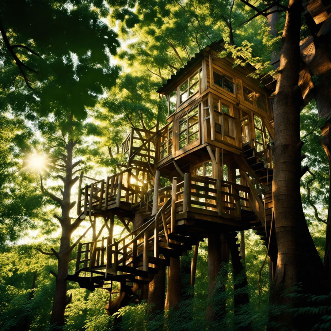 A meticulously crafted tree house nestled among towering canopies in a lush forest, bathed in warm sunlight filtering through the leaves. Camera settings: manual mode, f/8 aperture, ISO 200.