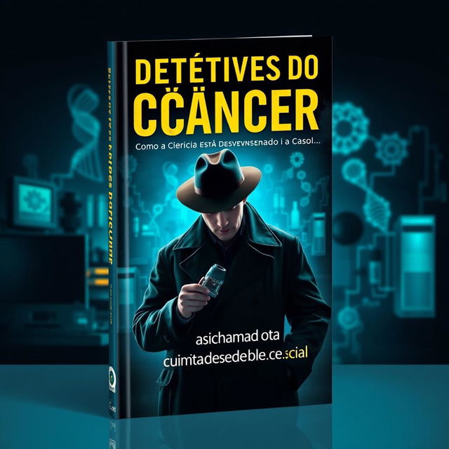 A striking book cover design featuring a detective theme centered around cancer research