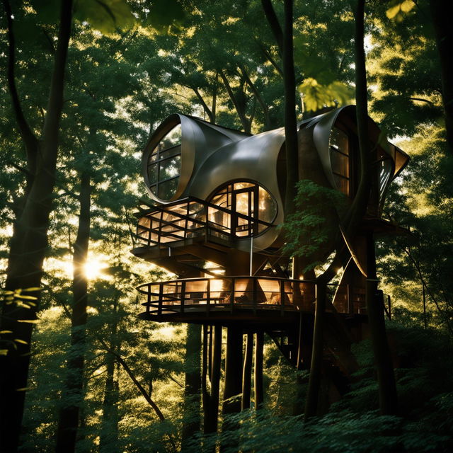 A futuristic tree house nestled among towering canopies in a lush forest, bathed in warm sunlight filtering through the leaves. Camera settings: manual mode, f/8 aperture, ISO 200.