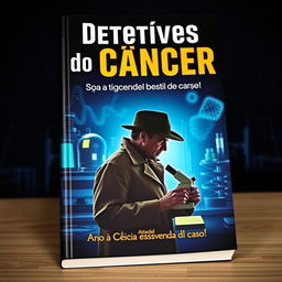 A striking book cover design featuring a detective theme centered around cancer research