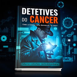 A striking book cover design featuring a detective theme centered around cancer research