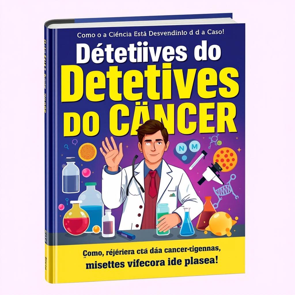 Uma capa de livro vibrante e informativa com o tema "Detetives do Câncer: Como a Ciência Está Desvendando o Caso!" escrito em letras grandes e atraentes