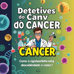 Uma capa de livro vibrante e informativa com o tema "Detetives do Câncer: Como a Ciência Está Desvendando o Caso!" escrito em letras grandes e atraentes