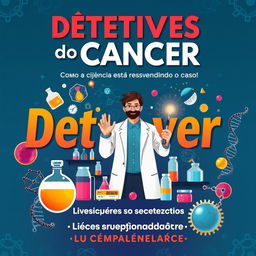 Uma capa de livro vibrante e informativa com o tema "Detetives do Câncer: Como a Ciência Está Desvendando o Caso!" escrito em letras grandes e atraentes