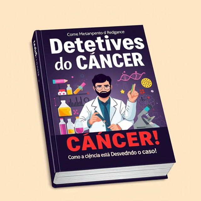 Uma capa de livro vibrante e informativa com o tema "Detetives do Câncer: Como a Ciência Está Desvendando o Caso!" escrito em letras grandes e atraentes