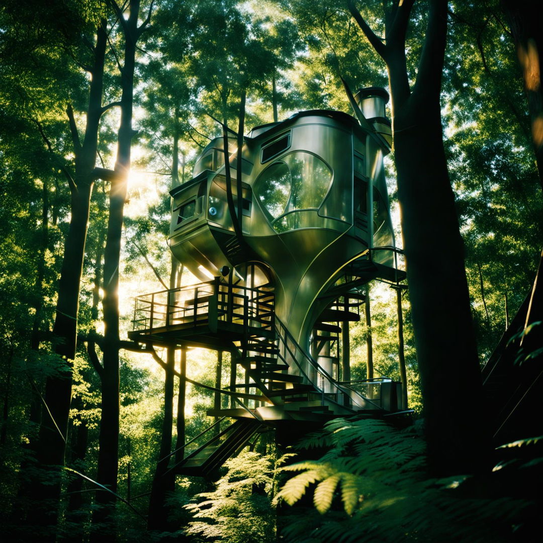 A futuristic tree house nestled among towering canopies in a lush forest, bathed in warm sunlight filtering through the leaves. Camera settings: manual mode, f/8 aperture, ISO 200.