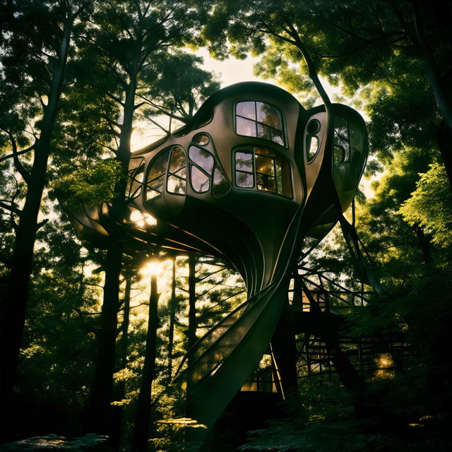 A Santiago Calatrava-inspired futuristic tree house nestled among towering canopies in a lush forest, bathed in warm sunlight filtering through the leaves. Camera settings: manual mode, f/8 aperture, ISO 200.