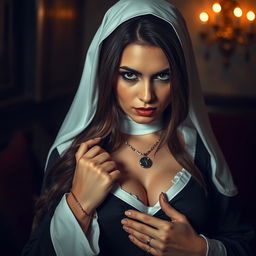 A sensual portrayal of a seductive nun, wearing traditional attire but with an alluring twist