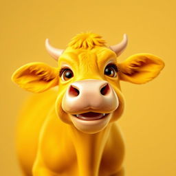A stunning 3D profile picture (PFP) of a brilliantly bright yellow cow that captivates and enchants the viewer's eyes