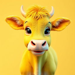 A stunning 3D profile picture (PFP) of a brilliantly bright yellow cow that captivates and enchants the viewer's eyes