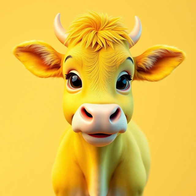 A stunning 3D profile picture (PFP) of a brilliantly bright yellow cow that captivates and enchants the viewer's eyes