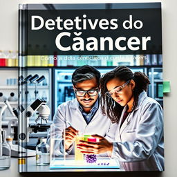 Uma capa de livro impactante que retrata detetives científicos investigando a cura do câncer