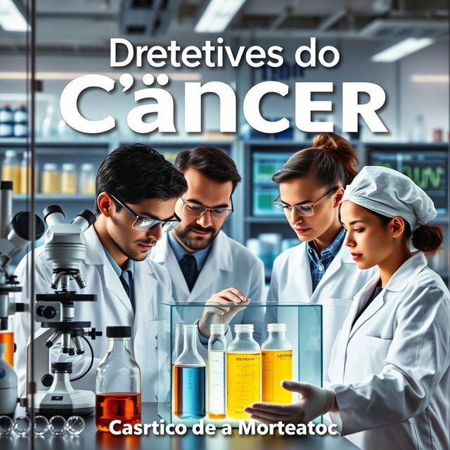 Uma capa de livro impactante que retrata detetives científicos investigando a cura do câncer