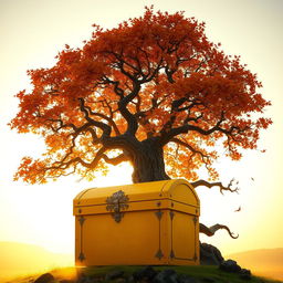 A vibrant yellow chest situated prominently above a majestic, gnarled autumn tree, its leaves a rich tapestry of orange, red, and gold