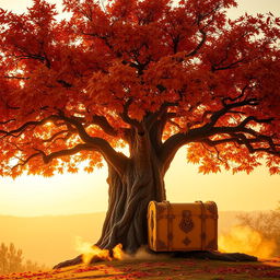 A vibrant yellow chest situated prominently above a majestic, gnarled autumn tree, its leaves a rich tapestry of orange, red, and gold