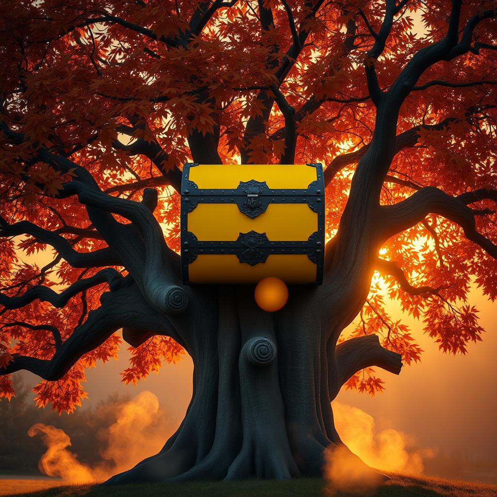 A vibrant yellow chest situated prominently above a majestic, gnarled autumn tree, its leaves a rich tapestry of orange, red, and gold